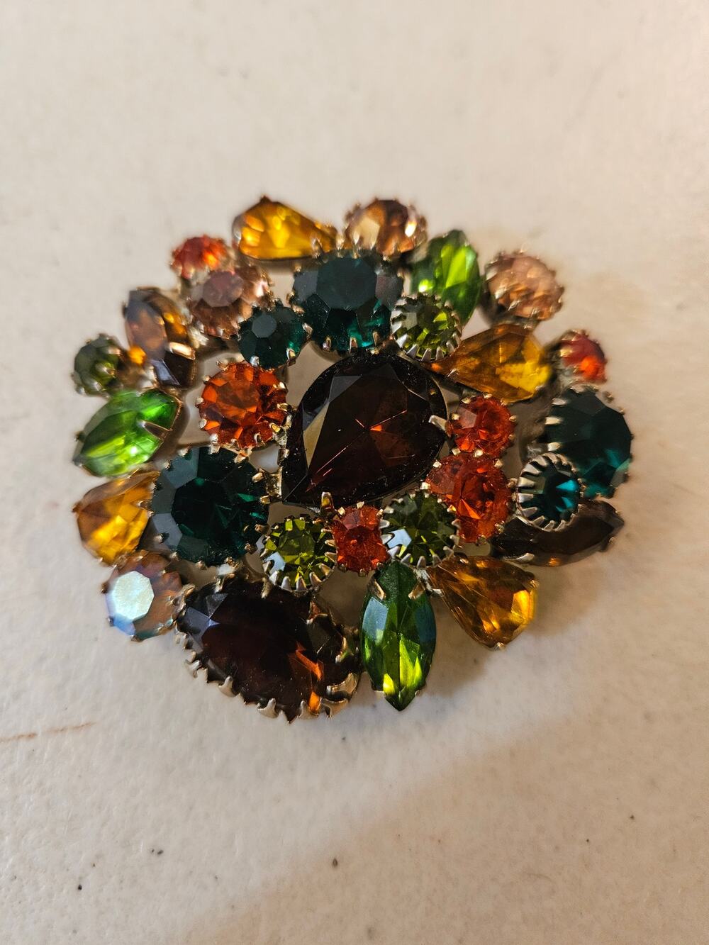 Vintage Unsigned Multicolor Rhinestone Cluster Brooch Mid Century Statement Pin